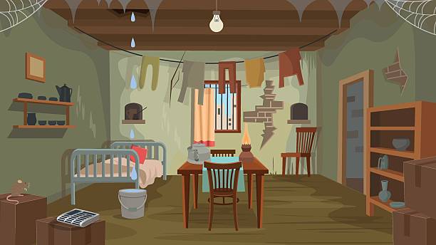 istock Poor house. Slums. Village room interior with bed. table and wardrobe 2231095389