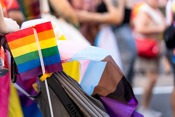 istock Rainbow and transgender flags attached to stroller at pride parade 2231097478