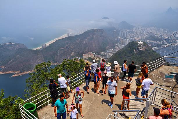 Crowded scenic overlook observation point at Sugarloaf Mountain (Pao de Acucar) in Rio de Janeiro. In 2013 1.6 million international tourists visited Rio.