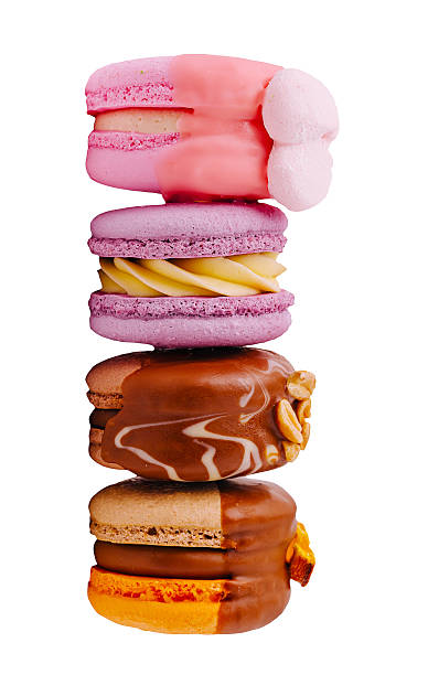 Colorful macarons stacked in a delightful arrangement on a white background
