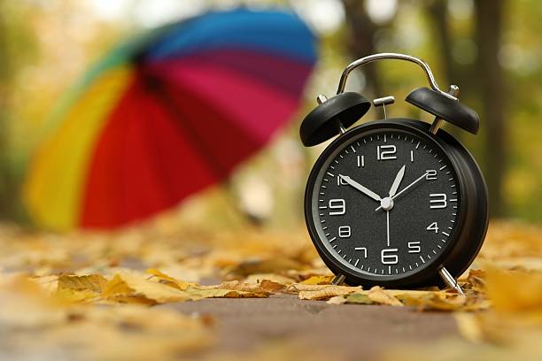 istock Autumn time. Alarm clock and umbrella in park, selective focus. Space for text 2231106179