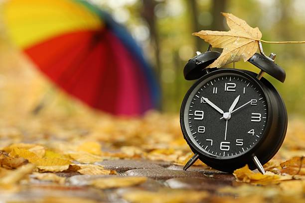 istock Autumn time. Alarm clock and umbrella in park, selective focus. Space for text 2231106295