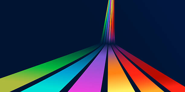 Abstract rainbow lines receding into the distance. Hippie retro background in the Groovy style. Vector wavy road. Element of modern design