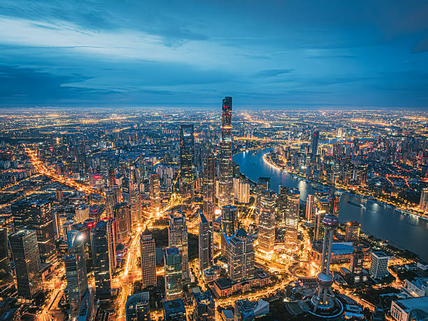 Shanghai citycape aerialview at dawn with blue hour twilight.