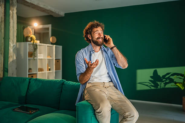 istock Freelancer talking on phone and gesturing while sitting on sofa at home 2231135393