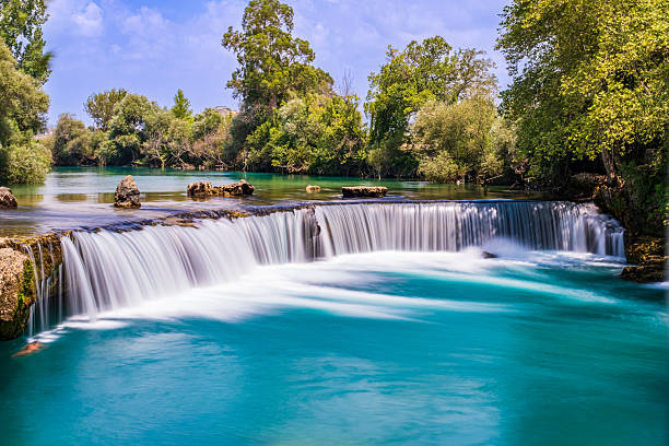 Beautiful long-exposure photograph of a scenic waterfall cascading into a turquoise river, framed by lush green trees under a bright blue sky. The smooth, silky flow of the water creates a serene and peaceful atmosphere, perfect for nature, travel, and landscape themes.