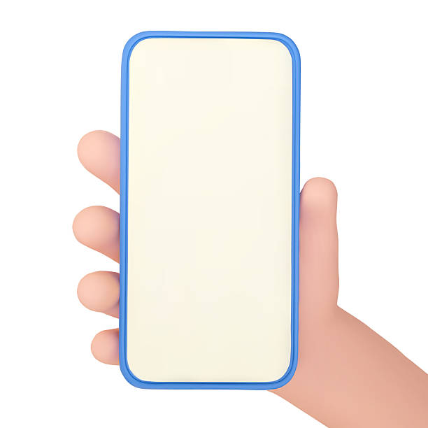 istock Hand hold smartphone with blank white screen isolated on white background. Online marketing concept. Mobile phone with empty screen in a palm of a hand. Cartoon vector illustration 2231143893