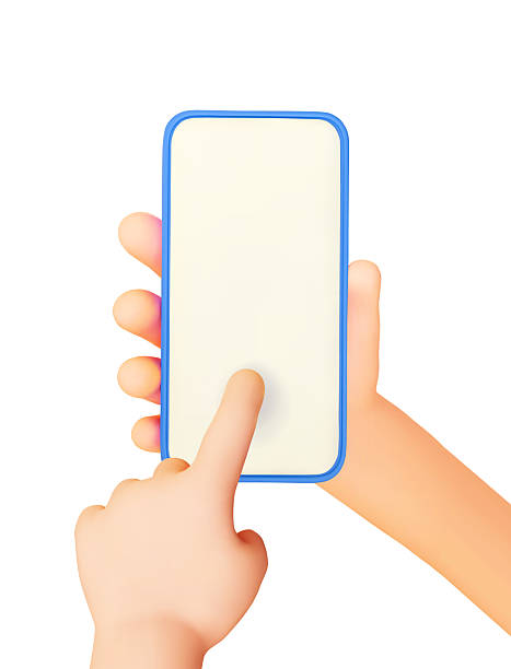 istock Holding phone in two hands. Phone mockup. Touching mobile white blank screen with finger. Vector 3d cartoon illustration 2231145560