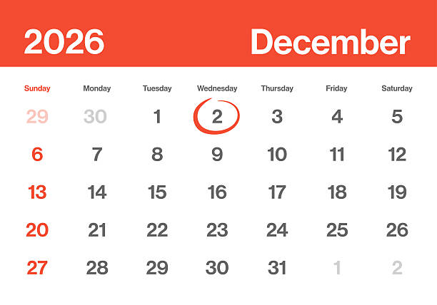 istock December 2 2026 Calendar Day Monthly - Minimalism Style Landscape Horizontal Calendar Leaf for 2026 year - Vector Template - American Grid - The Week Starts on Sunday 2231147089