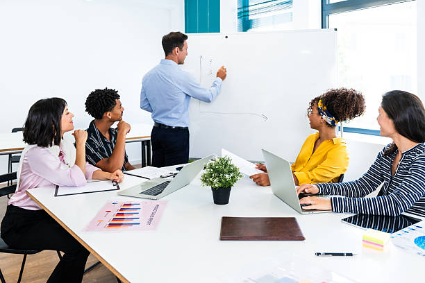 istock Business team meeting: manager drawing growth chart on whiteboard 2231149632