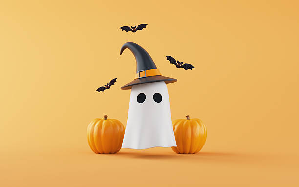 istock Cute Ghost in Witch hat and Pumpkins with Flying Bats on orange background. Halloween Trick and Treats concept. 2231151580