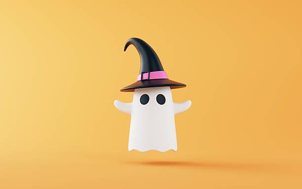 istock Cute Ghost in Witch hat on orange background. Halloween Trick and Treats concept. 2231151663