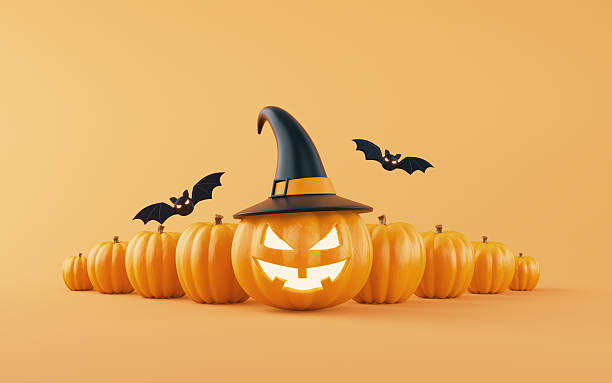 istock Jack O' Lantern Pumpkin in Witch hat and Pumpkins with Flying Bats on Orange background. Halloween Trick and Treats concept. 2231151799