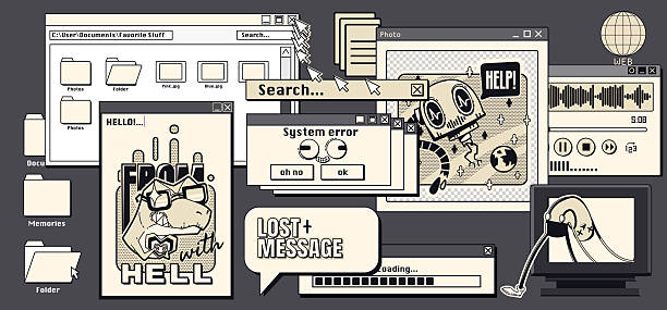 Nostalgic y2k internet aesthetic with retro computer windows - vintage browser interfaces, system error popup, loading bar and desktop folder for digital vaporwave designs and millennial graphics.