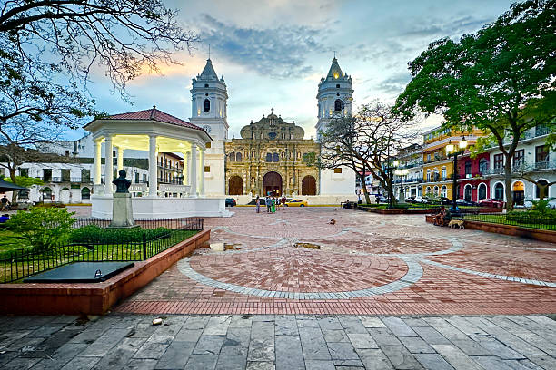 A shot at dusk of the famed Metropolitan Cathedral in Casco Viejo, Panama City.