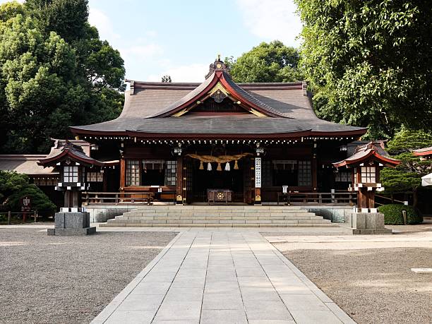 Izumi Shrine, Chuo Ward, Kumamoto, Japan- 21 Sep 2018: exterior of the shrine in Suizenji Jojuen Garden rebuilt after WWII
