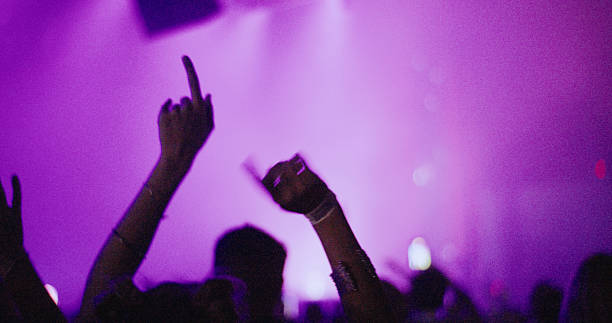 Silhouetted hands are gesturing energetically against an illuminated stage at a music festival. The vibrant lighting creates a dynamic atmosphere with the crowd engaging in the lively event. The scene is featuring a festive ambiance.
