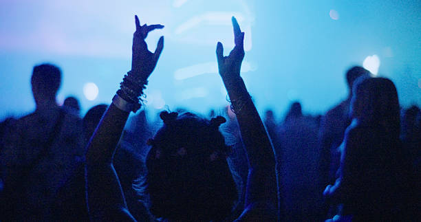 Silhouetted Hands Raised at Illuminated Stage During Music Festival