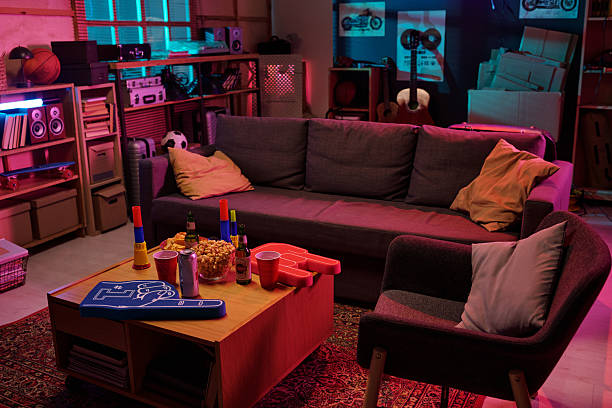 istock Empty Living Room Showing Table Set for Party with Drinks and Snacks 2231183043