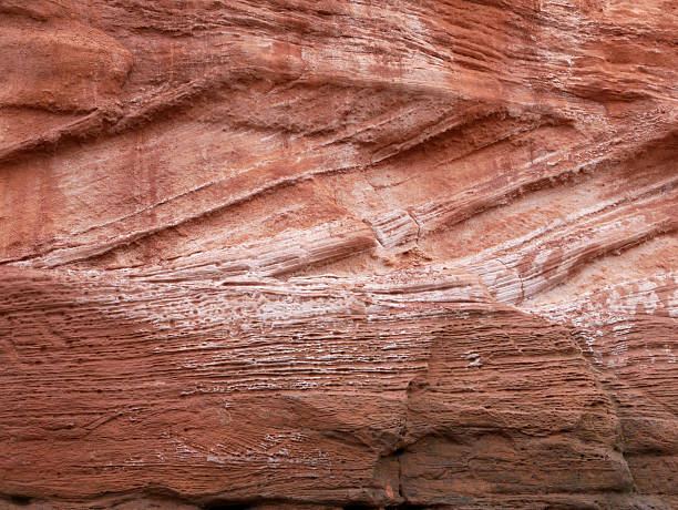 Exmouth, Devon, England, UK - March 5, 2023.Red Triassic sandstone cliffs at Rodney Point in Exmouth, with cross-bedding geological features, being part of the Jurassic Coast in East Devon, England.