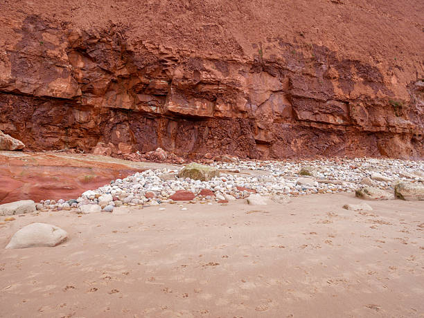 Exmouth, Devon, England, UK - March 5, 2023.Red Triassic sandstone cliffs at Rodney Point in Exmouth, with cross-bedding geological features, being part of the Jurassic Coast in East Devon, England.