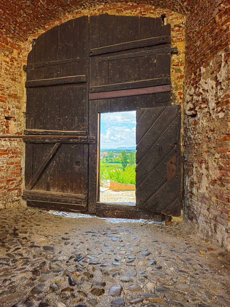 istock Old wooden gates with stone path 2231189835