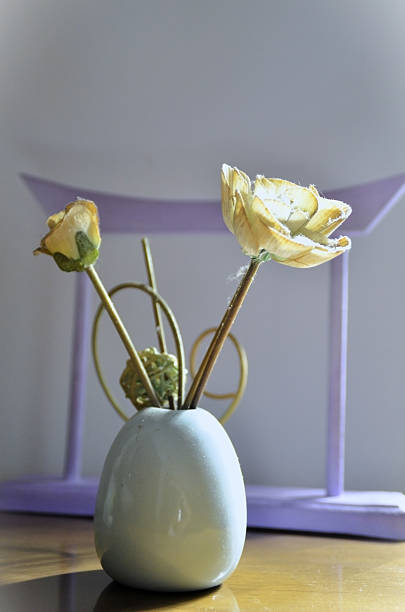 A small, light-colored, irregularly textured vase containing two dried flowers with thin stems decorating a cabinet