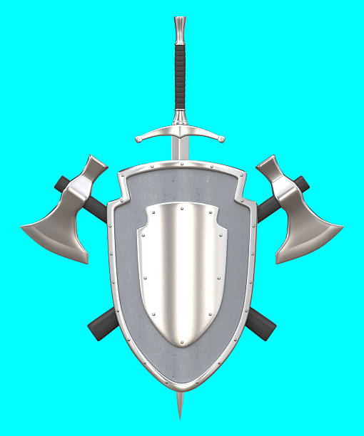 istock Medieval shield with sword and crossed battle axes 3d render 2231202494