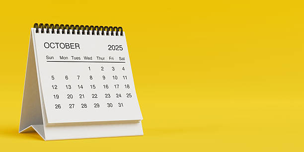 istock White Desk Monthly October 2025 Business Calendar. 3d Rendering 2231202682