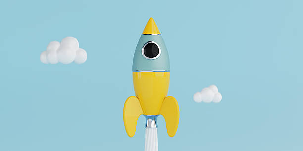 istock Innovation And Launch Concept. Colorful Cartoon Rocket Flying Into Clouds Blue Sky. 3d Rendering 2231202778