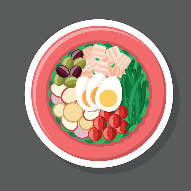 stockillustraties, clipart, cartoons en iconen met niçoise salad sticker icon - saladekom