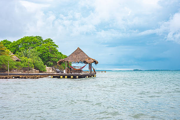Scenic view of a traditional thatched hut by the sea, surrounded by lush greenery on Rosario Island, Cartagena, Colombia.