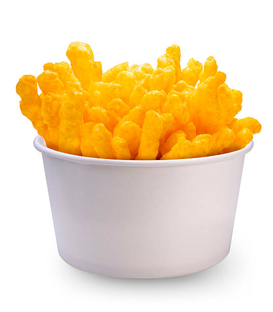 Corn snacks cheesy in paper box isolated on white background, Puff corn or Corn puffs cheese flavor on white background.