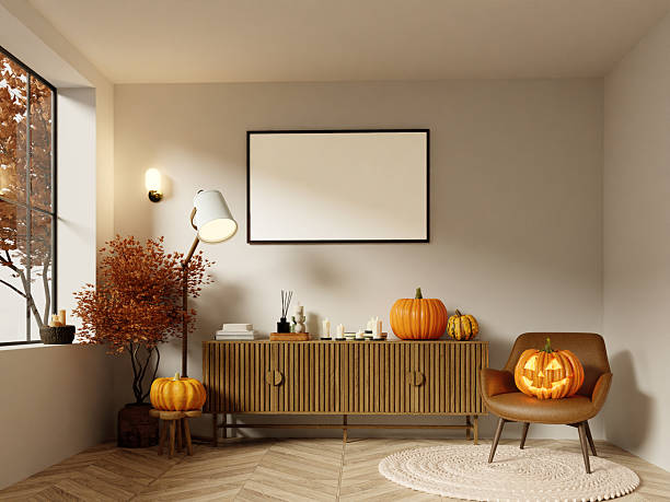 istock Modern Halloween interior featuring decorative pumpkins and warm colors 3D render illustration 2231227687