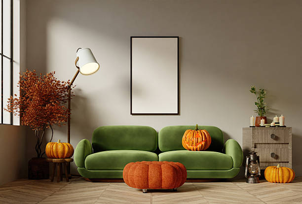 istock Halloween celebration interior decor featuring pumpkins and cozy seating. 3D render illustration 2231227715