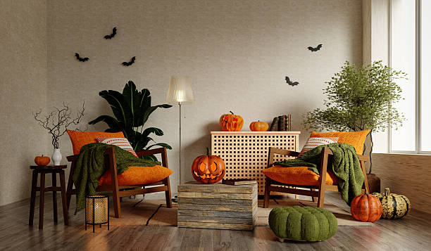 istock Halloween celebration interior decor featuring pumpkins and cozy seating. 3D render illustration 2231227760