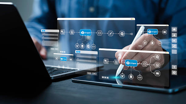 AI workflow automation concept. artificial intelligence software, Businessman uses AI Agent with Coding flow process technology, interface nodes triggers data tools stock photo