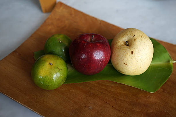 Close up wooden plate of Complimentary fruit