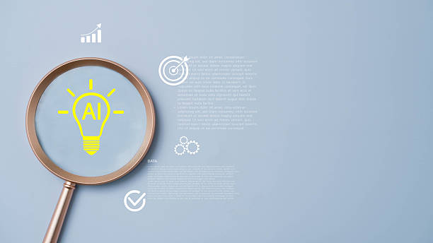 istock Quick Tips for Smart Creative People with AI, Conceptual image of artificial intelligence innovation with magnifying glass highlighting AI lightbulb symbol on blue background. Ideal for technology. 2231233351