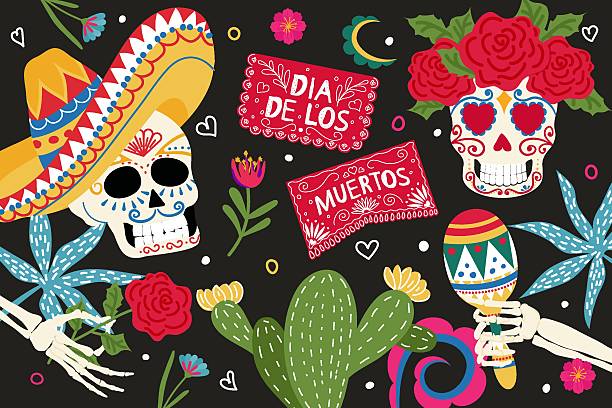 Sketch for Day of the Dead celebration with hand drawn skulls and festive decorations. Vector illustration