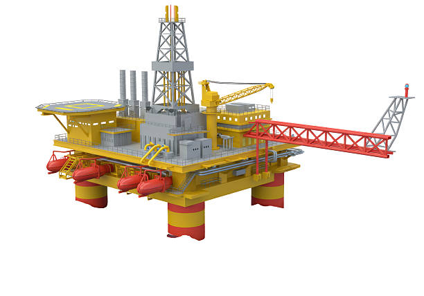 Stylized 3d icon of a drilling rig with air conditioner and container on a platform, 3d illustration