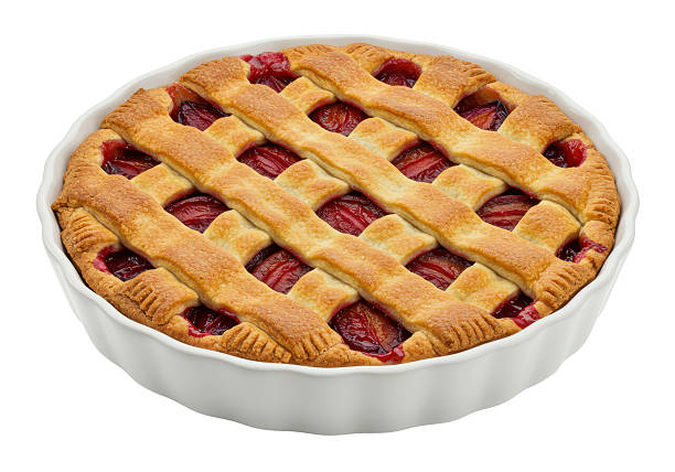 istock Isolated Plum Pie with Lattice Crust in White Dish 2231242157