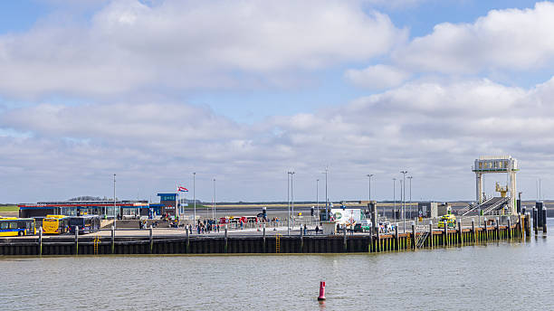 The ferry Friesland approaching the ferry terminal in Harlingen. MS Friesland is the largest ship in the fleet of Rederij Doeksen's which operates all ferries to the Dutch islands of Vlieland and Terschelling