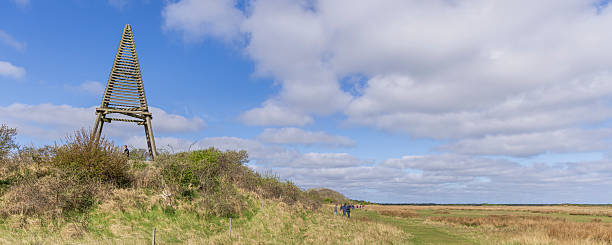 Schiermonnikoog, The Netherlands - April 19, 2025: Panoramic view of Beacon Kobbeduin on top of a sand dune at Wadden island Schiermonnikoog The Netherlands