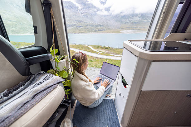 istock Woman Working on Laptop with Mountain View 2231254143
