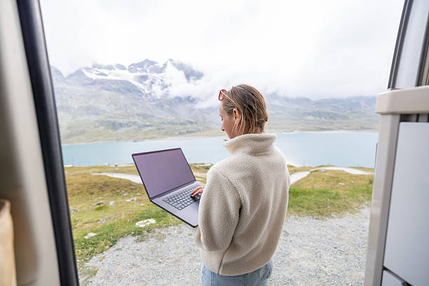 istock Woman Working Remotely Outside Camper Van 2231254239