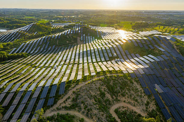 istock Solar photovoltaic panels on a hillside at sunset 2231257355