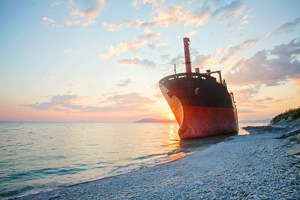 Evening ocean scenery and stranded fishing boats