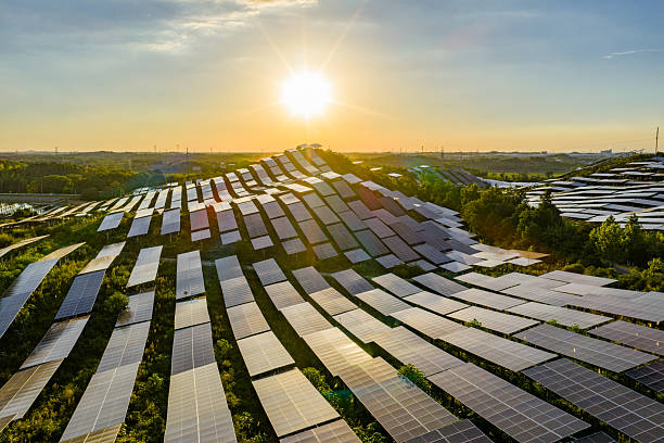 istock Solar photovoltaic panels on a hillside at sunset 2231257457