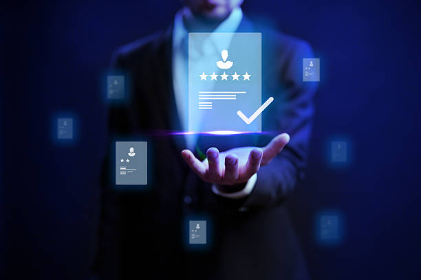istock Professional man showcasing digital credentials and reviews in a modern setting with a technology focus 2231286529